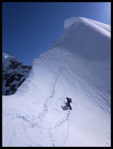 Jake on the corniced West Ridge of Mt Hunter